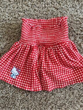 Red Gingham Smocked Skirt with Hello Kitty Patch